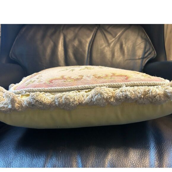 Vintage Needlepoint Pillow | Hand Embroidered Wool Floral Cushion - Picture 6 of 6